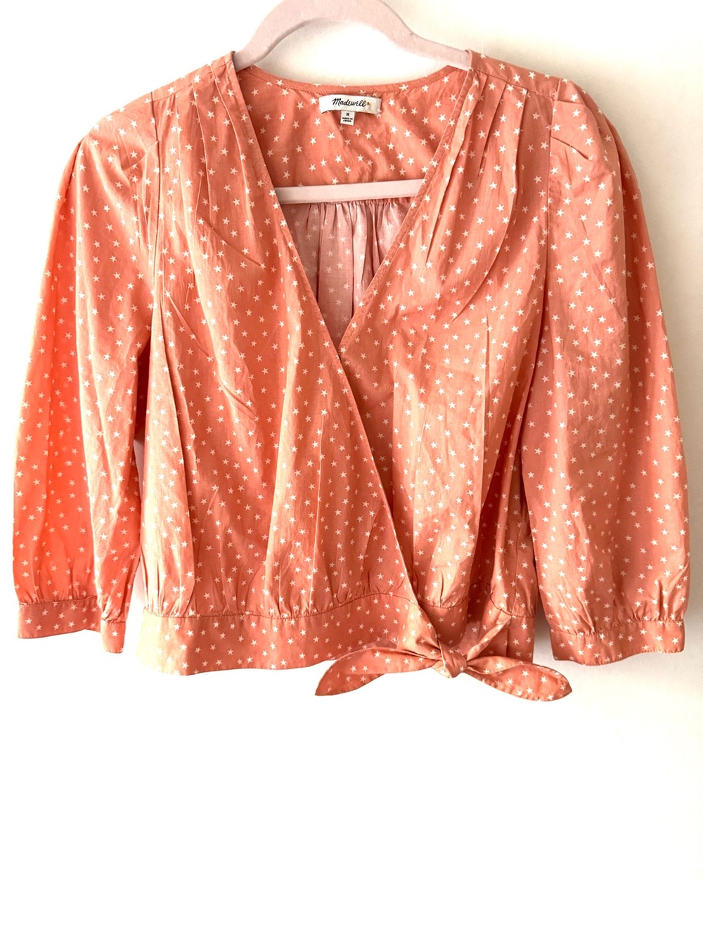 Madewell Peach Star-Print Tie-Waist Wrap Blouse